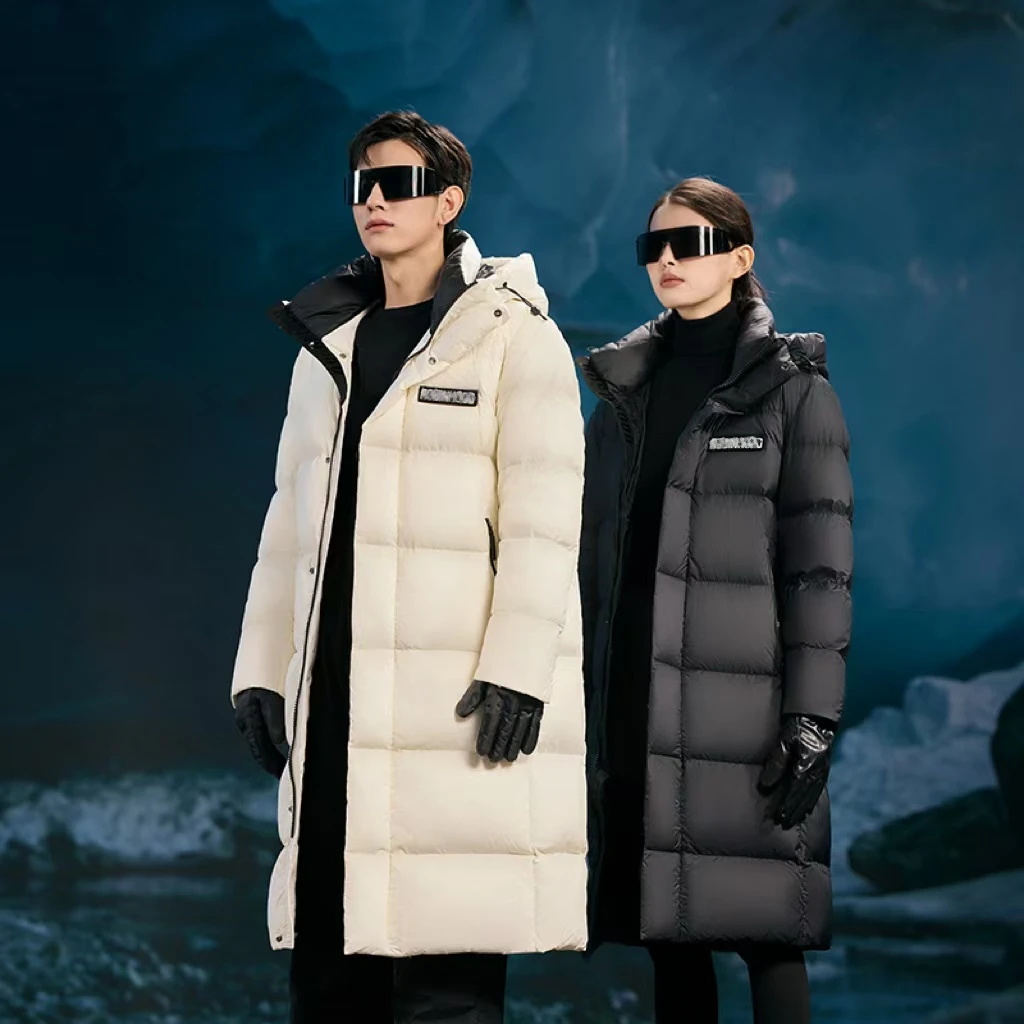 男女同款六防白鸭绒长款羽绒服冬季保暖加厚连帽户外时尚情侣款