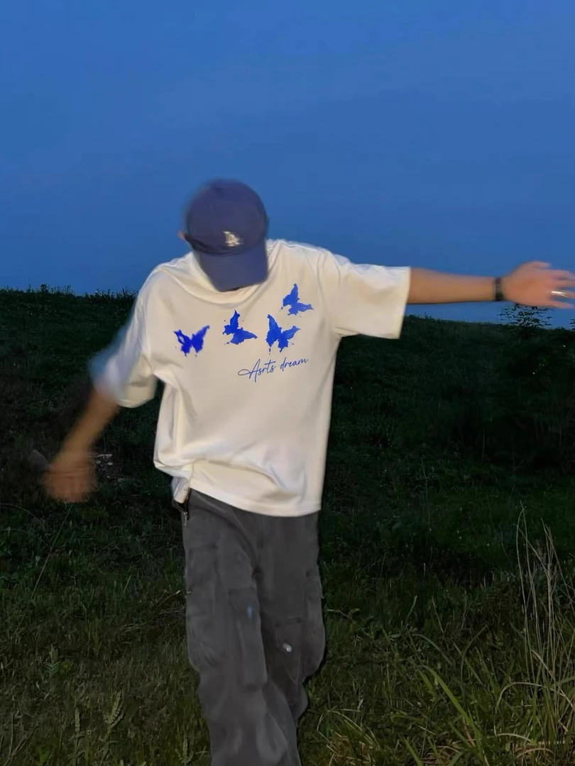 夏季2025新款蝴蝶印花潮牌纯棉宽松情侣半袖短袖T恤ins圆领上衣男