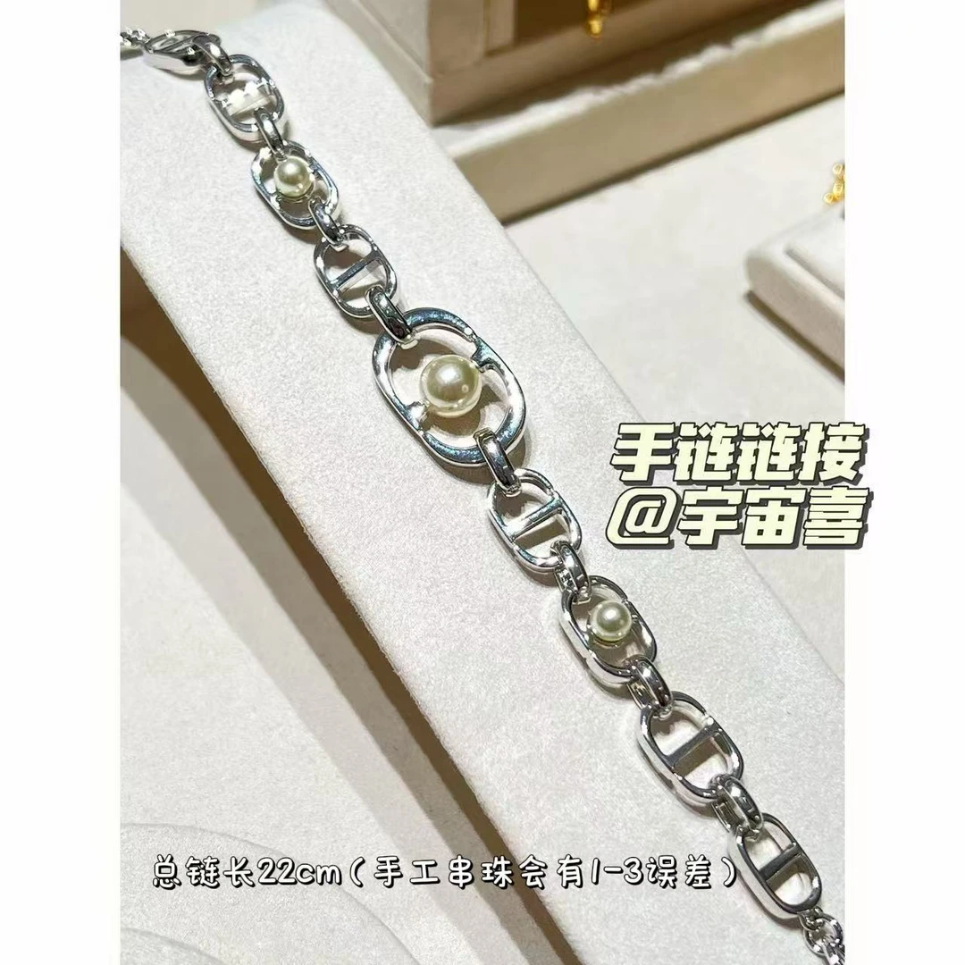 铜合金仿珍珠手链  F4-117【猪鼻子银色贝珠环环相扣手链】