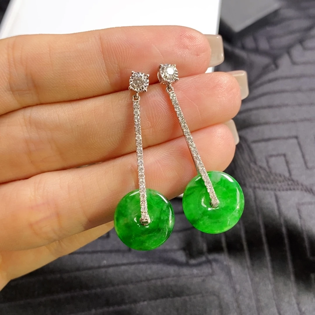 翡翠18K金镶嵌耳饰辣色扣子