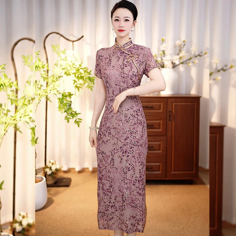 【德喜娟17】2025春夏新款高端印花复古中国风走秀长款旗袍连衣裙