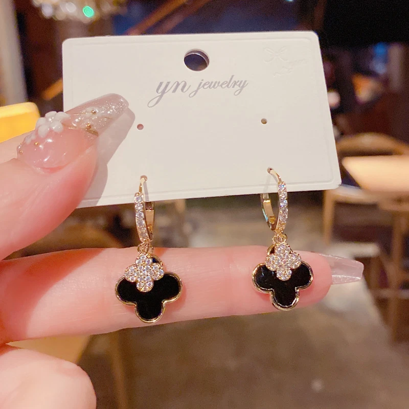 铜合金合成锆石耳饰 16号轻奢微镶锆石双四叶草耳坠百搭款