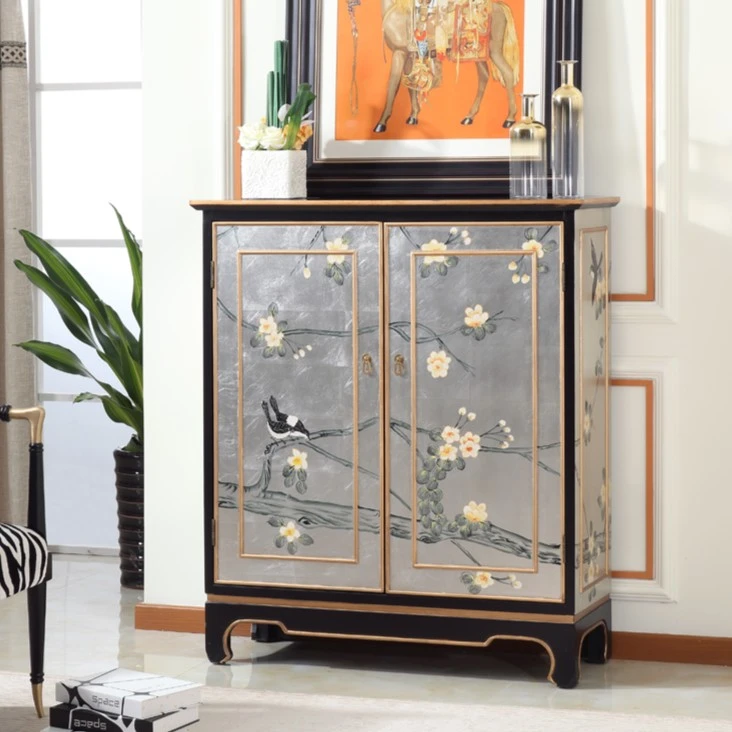 美式银箔门厅装饰柜新古典客厅彩绘柜雕花玄关柜6106