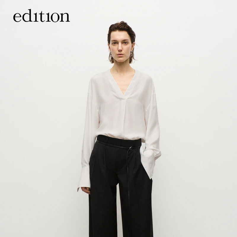 【达人专属】edition衬衫珠光感桑蚕丝法式V领上衣#EBD3TOP022