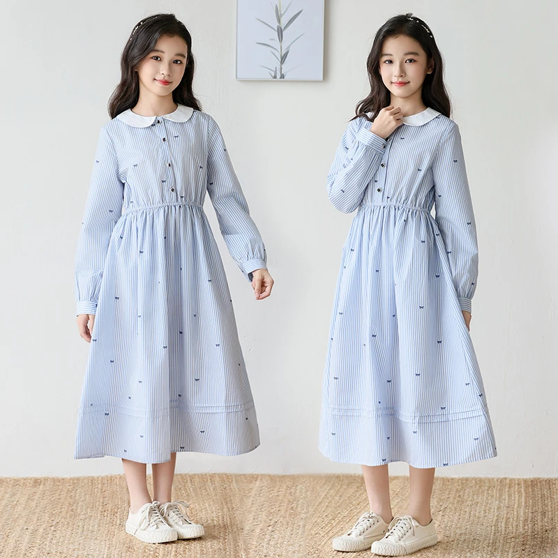 女童长袖连衣裙2025秋季新款中大童网红娃娃领裙子女孩百搭长裙子