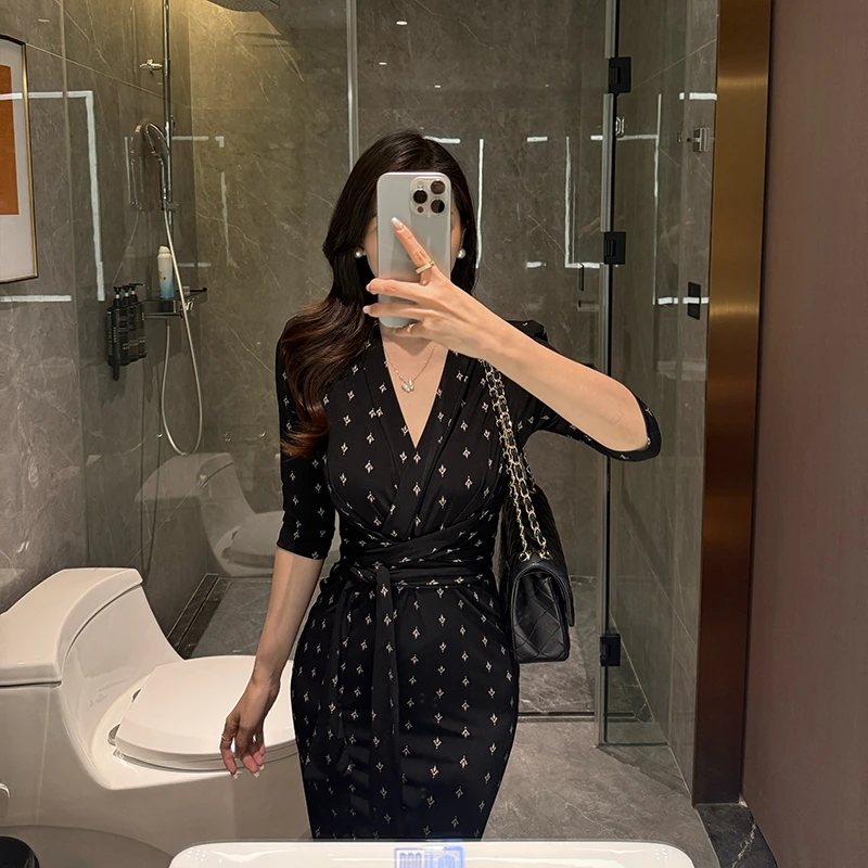 【星夜邂逅】水晶麻纱连衣裙夏季新款性感V领绑带收腰修身包臀裙