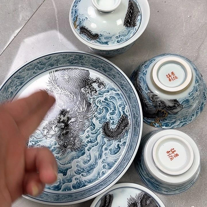 瓷片墨龙游海5件套景德镇