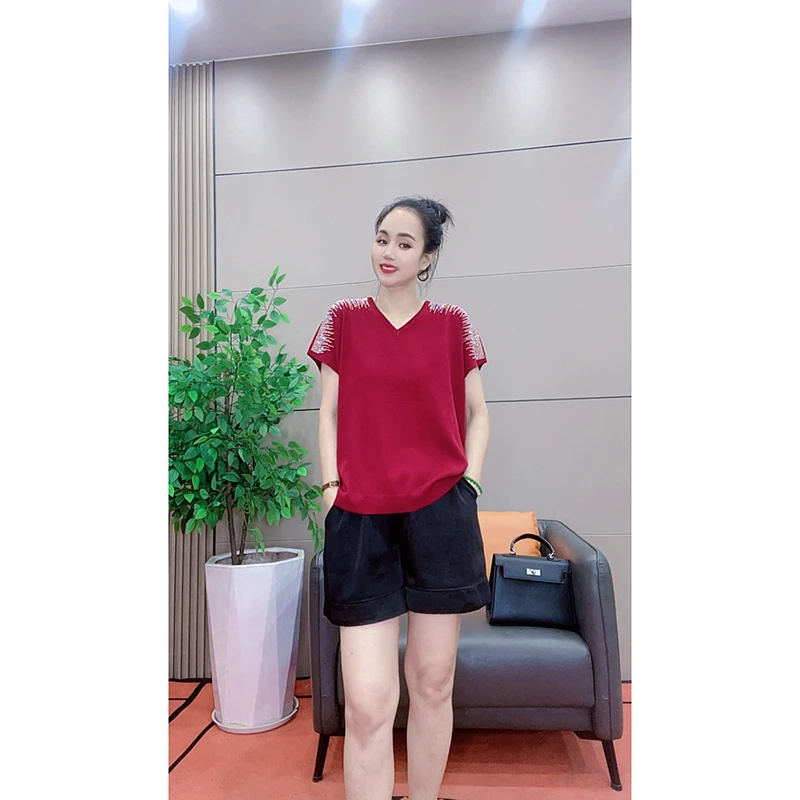 4045 V领纯色短袖T恤夏季新款宽松显瘦百搭