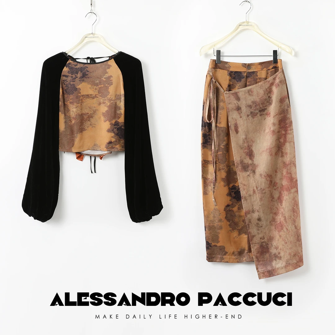 AP洛哥26783X 时尚气质国风晕染系带半身裙/丝绒撞色拼接上衣