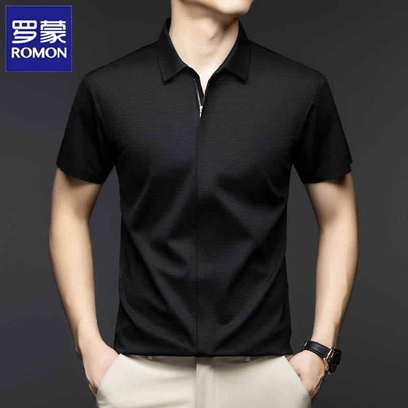 罗蒙夏款男士纯色拉链暗门襟无痕商务休闲短袖衬衫华夫格男士衬衫