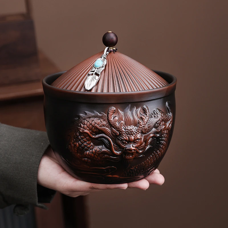 高档紫陶龙腾四海茶渣缸带盖建水大容量废水桶中式复古茶杯洗茶道
