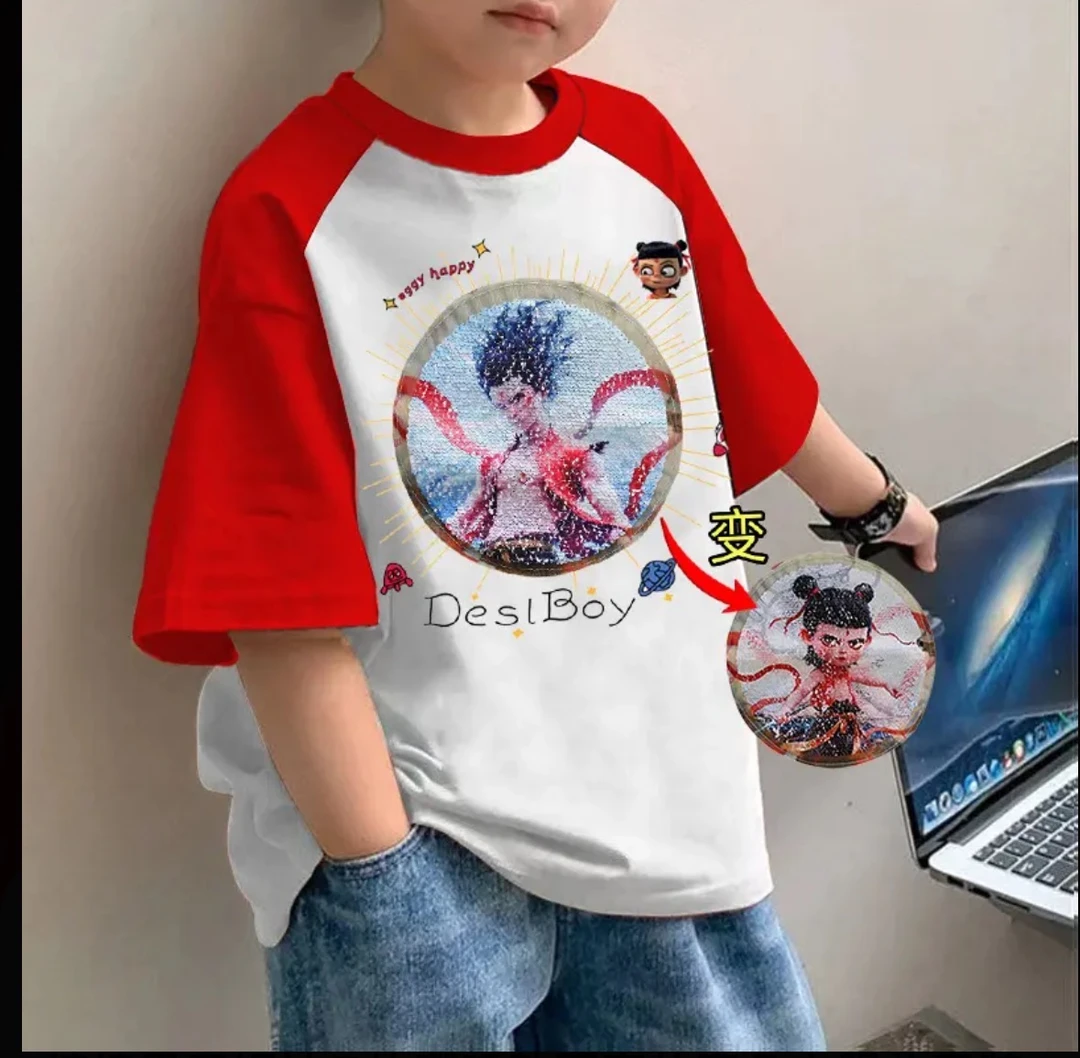 纯棉男童短袖T恤哪吒敖丙亮片变色衣服儿童装宝宝夏洋气翻转上衣