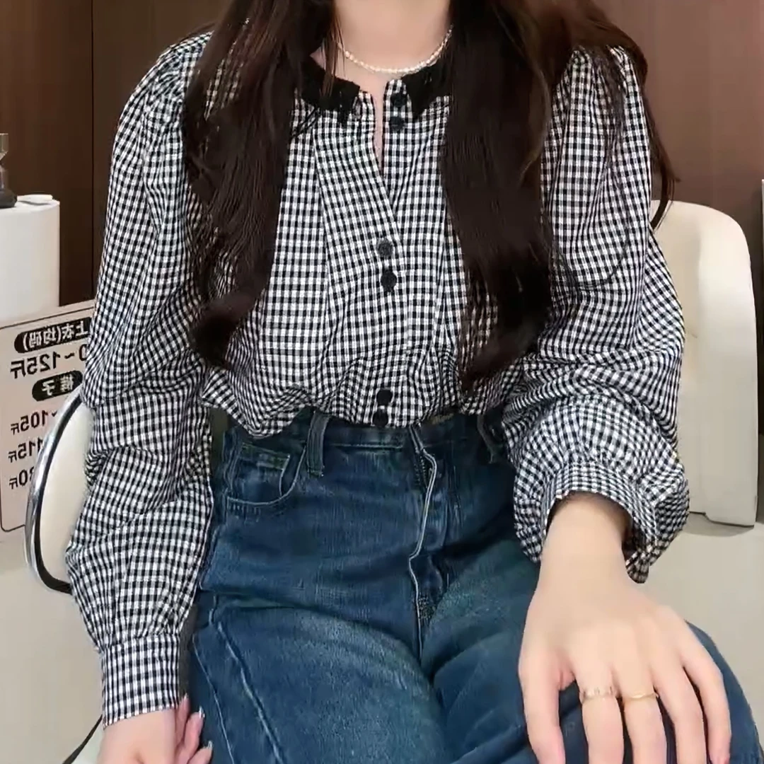 法式复古格纹花边领衬衫女设计感小众宽松百搭长袖上衣LK2501275
