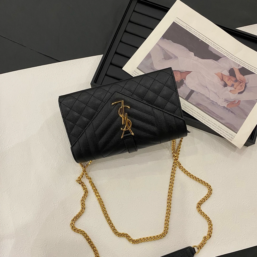 95新 YSL/圣罗兰 黑金信封包 斜挎包单肩包13382129