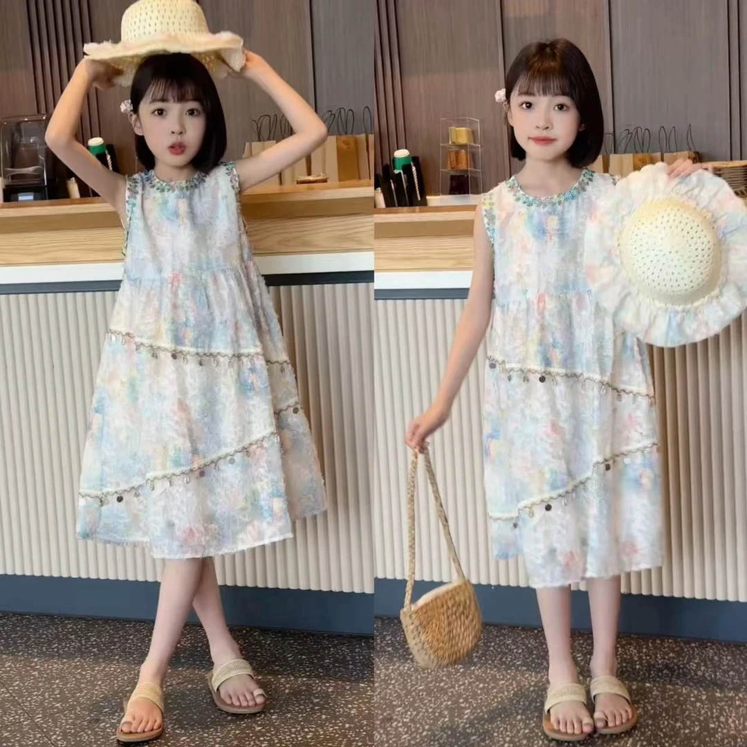 夏季新款女童中大童波西米亚风重工儿童女孩甜美无袖洋气连衣裙