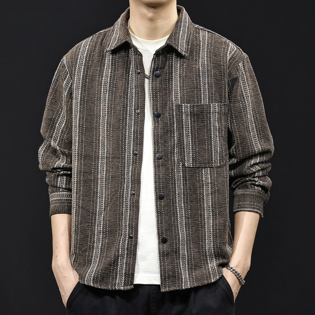 春秋新款雪尼尔条纹提花衬衫男士外套2025潮牌大码休闲长袖衬衣潮