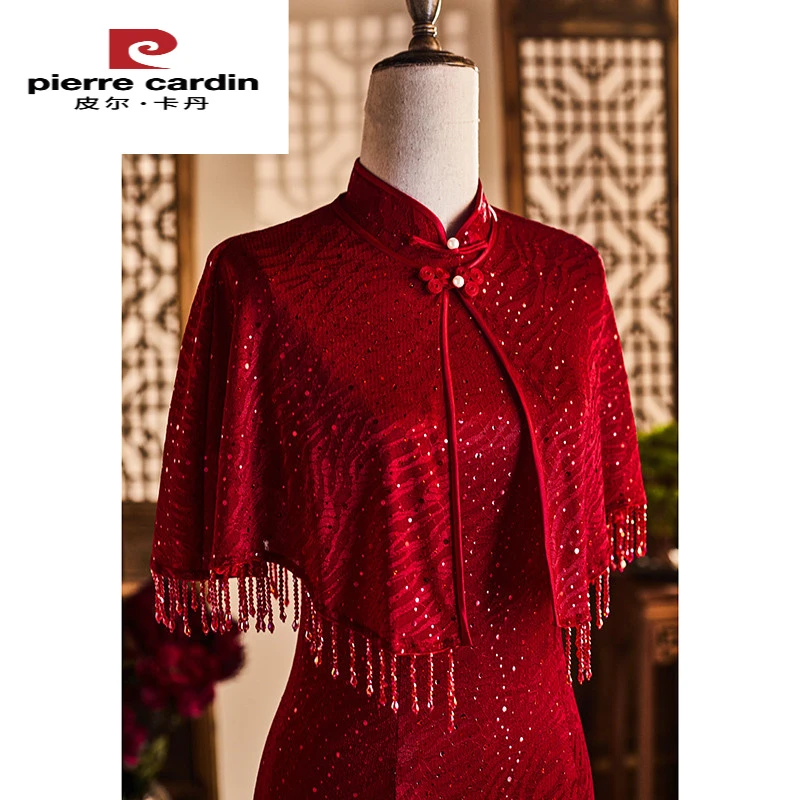 皮尔卡丹旗袍敬酒服新娘夏季喜婆婆婚宴装结婚礼服妈妈流苏蕾丝披