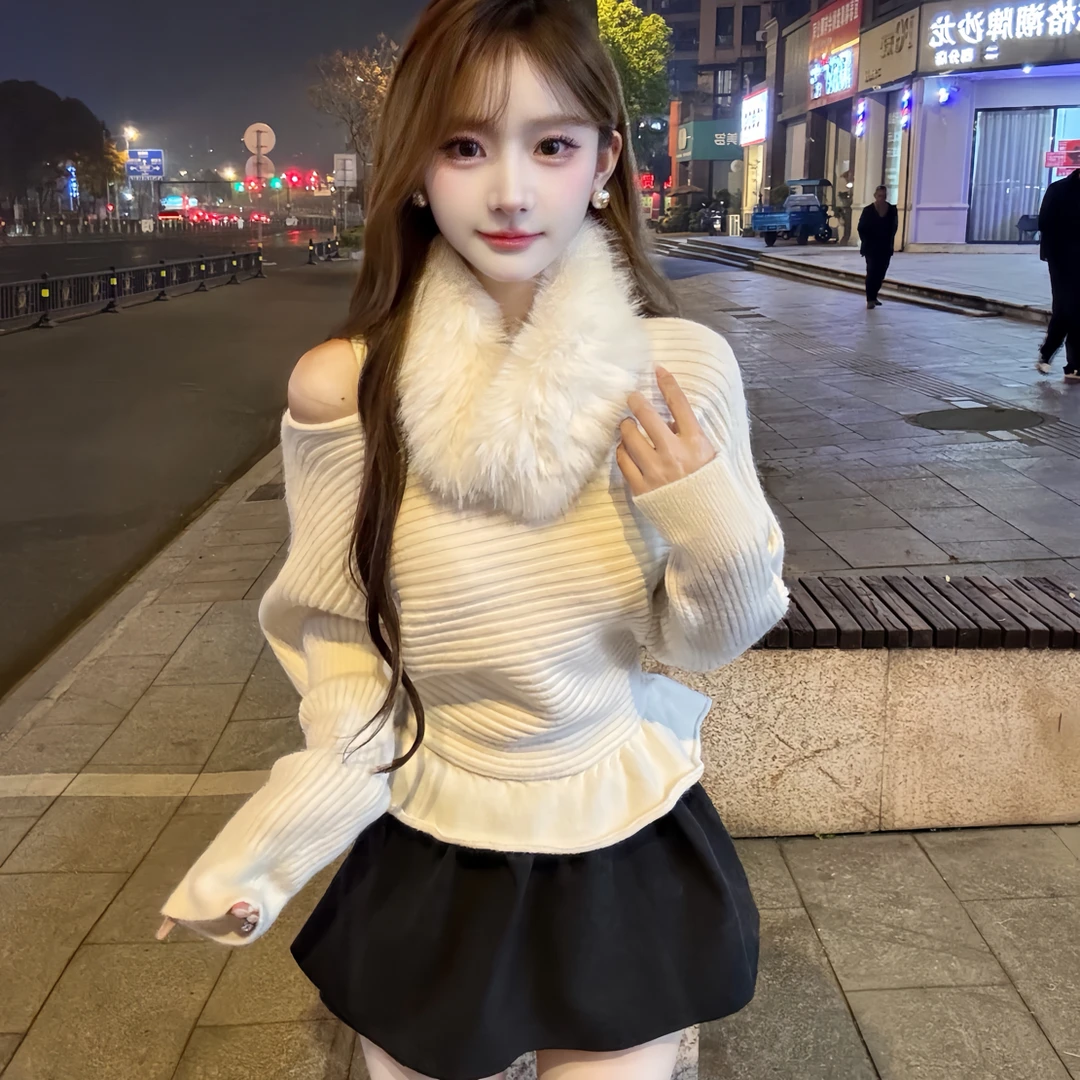 【韩系风格可拆卸毛领长袖针织衫女秋冬显瘦上衣】
