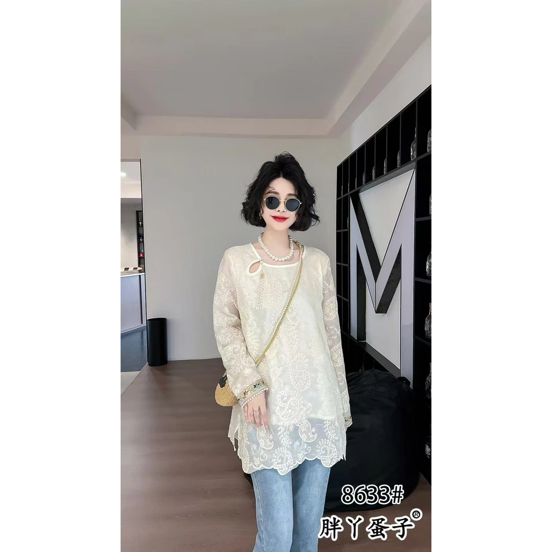 大码国风提花蕾丝拼接打底上衣8633