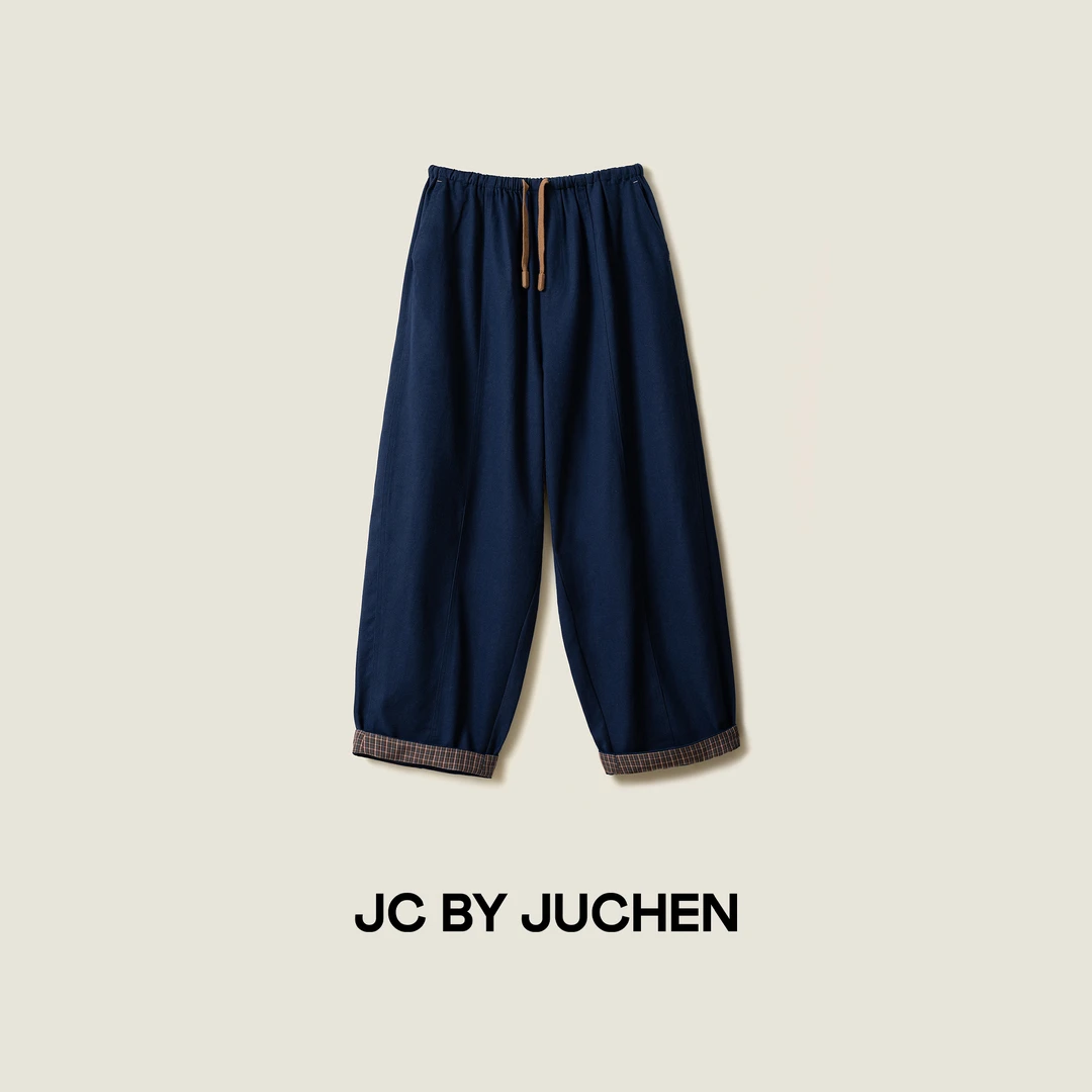 “复古邮差”可翻边撞色咖格蓝调简约廓形抽绳休闲裤 FW201002-87