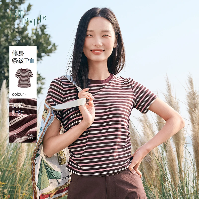 片断正肩T恤女2025春季新款圆领条纹撞色褶皱休闲简约弹力上衣