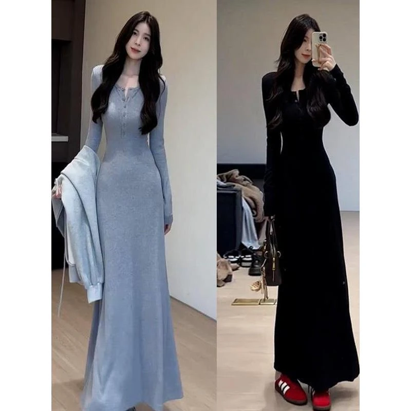 早秋季灰色针织连衣裙子女新款韩系打底长袖性感修身气质包臀长裙