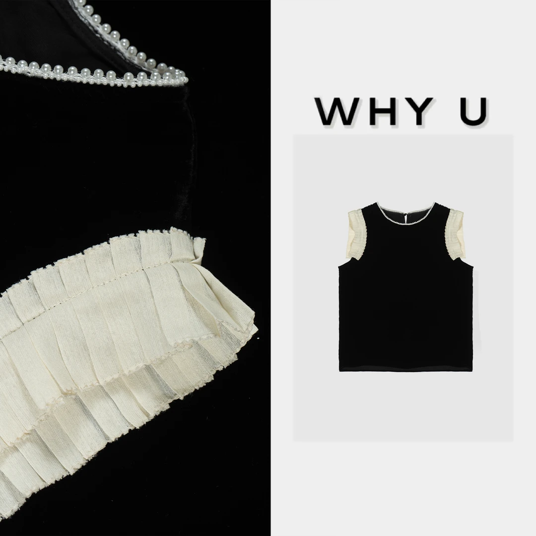 WHYU夏季新款极简风小珠领褶皱黑色袖砍袖上衣【荔麦】25SS