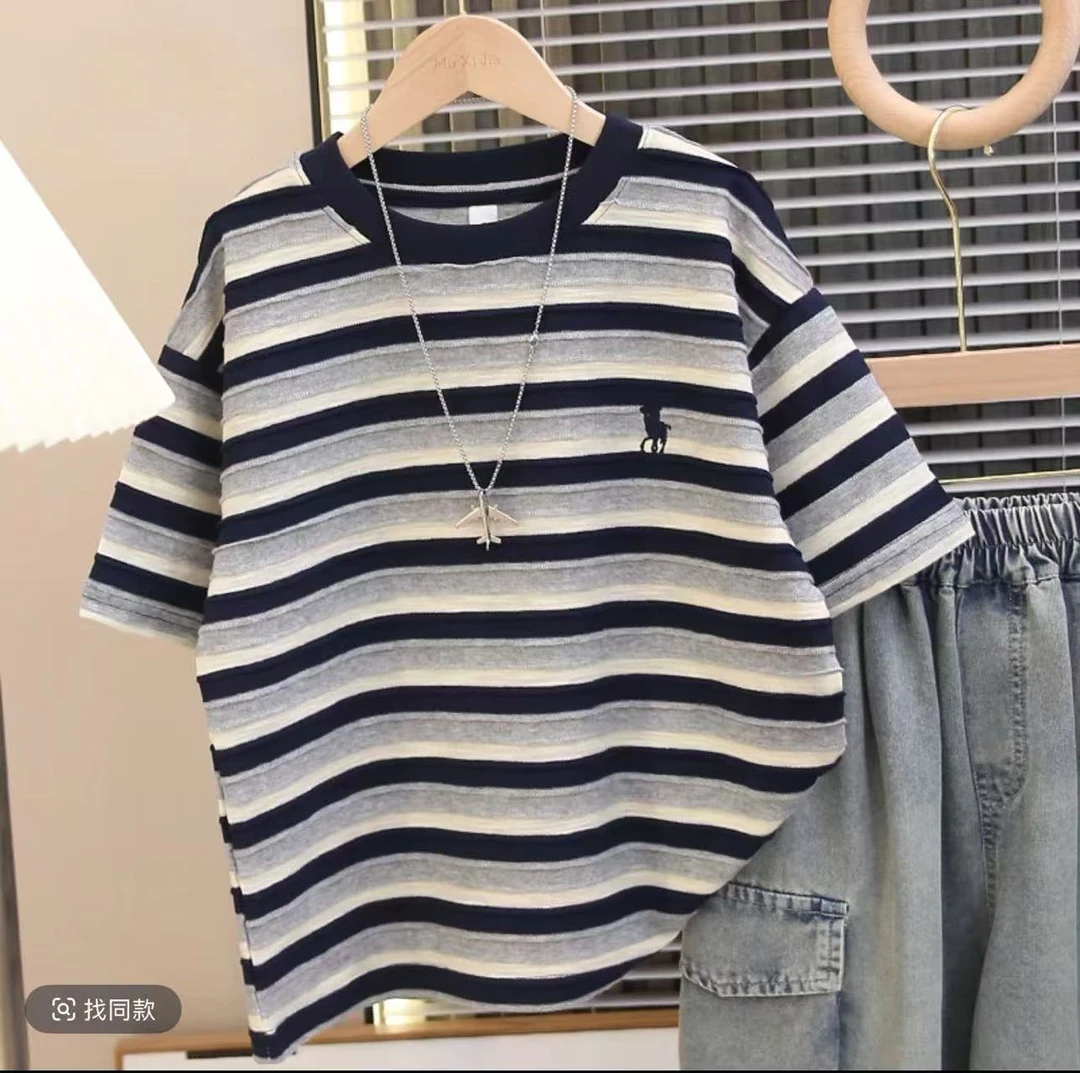 童装男童夏装T恤2025新款儿童夏季薄款条纹纯棉短袖男孩宽松帅气