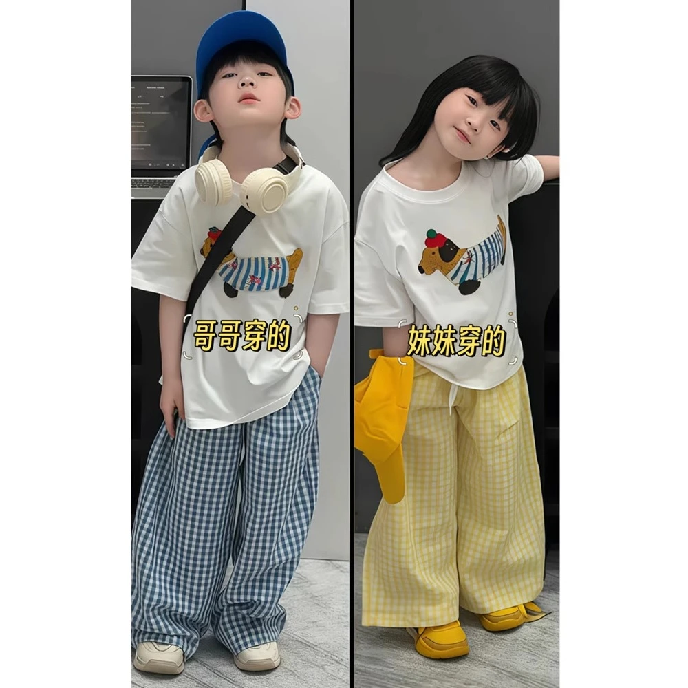 衣服亲子装裤子夏季格子裤洋气男童短袖长裤女童衬衫女2025新款