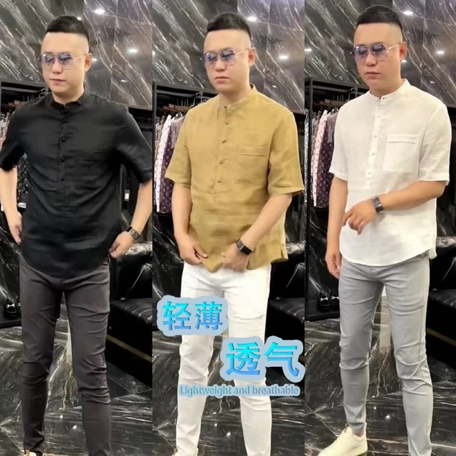 夏季薄款麻料唐装短袖男装T恤衫宽松透气凉爽男士商务中国风男t恤