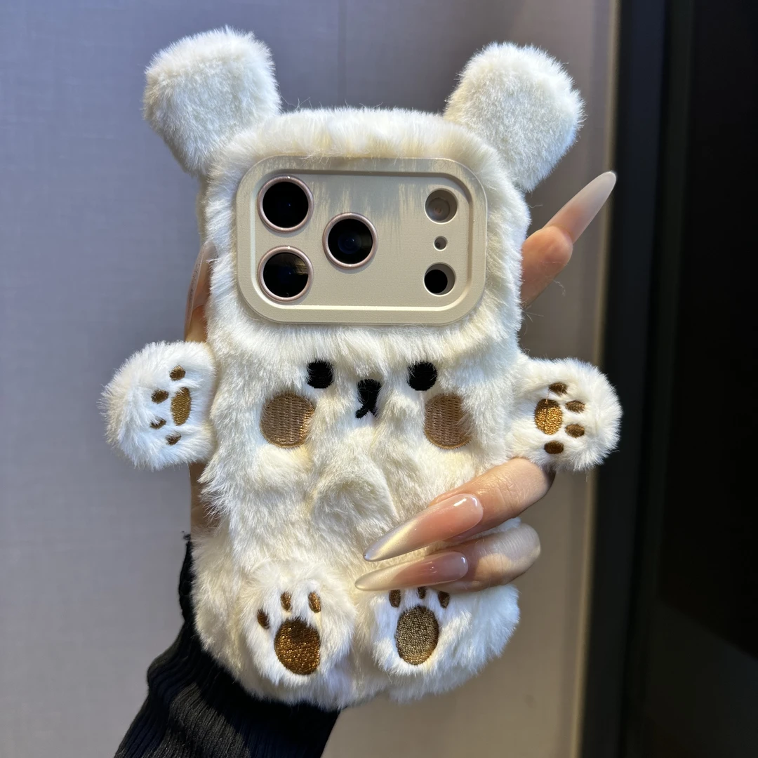 秋冬毛绒卡通小熊手机壳适用于苹果17全包iPhone16promax防摔15女