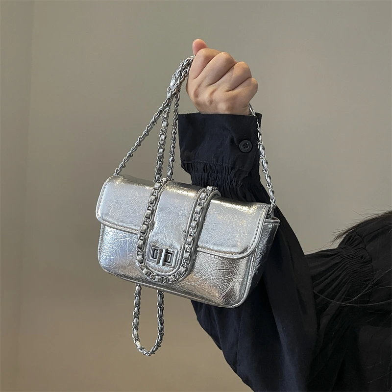 高级感镭射银色小方包2025新款包包女韩版春夏链条单肩斜挎包女