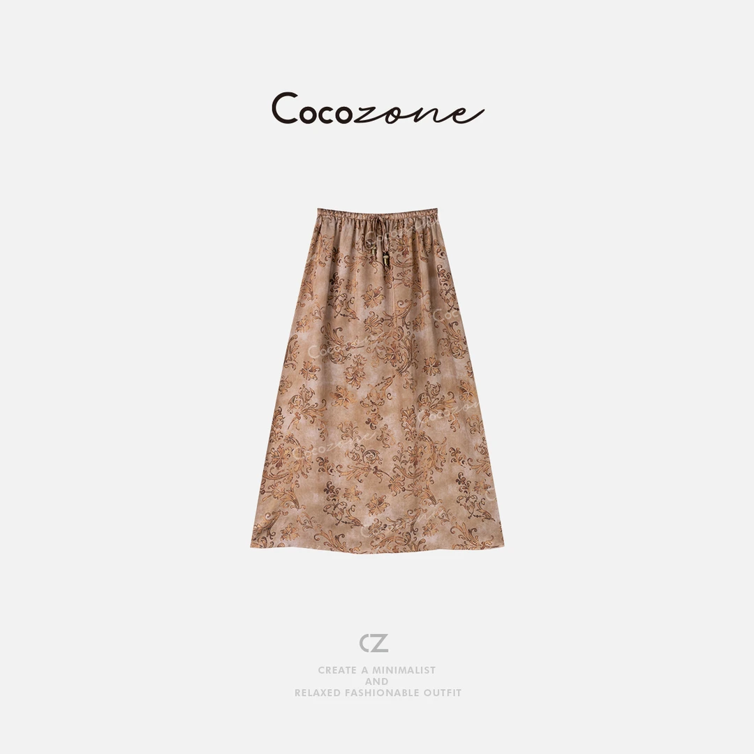COCO ZONE 刘一一【100人丝】国风印花抽绳橡筋半身裙 CD1A0677
