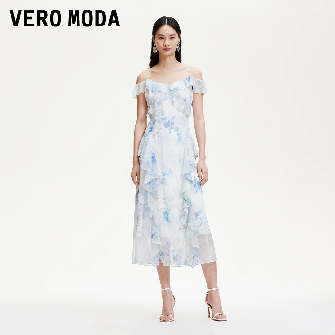Vero Moda连衣裙层叠荷叶边碎花雪纺吊带裙千金氧气裙32527B001