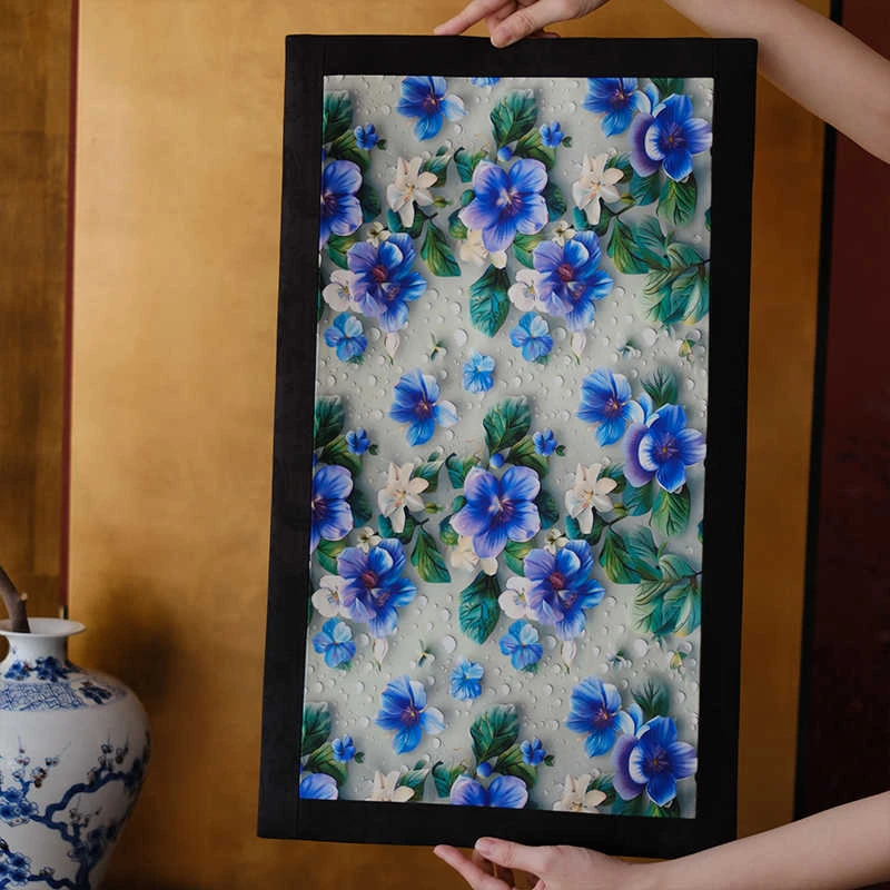 问春风【梦幻花园】拼接茶席古画手工青色双面古风禅意茶席60*35