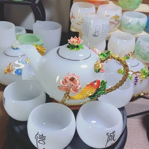 琉璃中式珐琅彩年年有余一壶六杯礼盒套装
