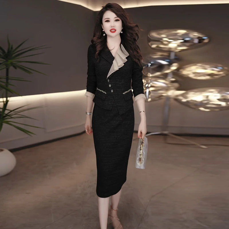 高级精纺假两件拼接优雅礼服裙2025秋季新款百搭显瘦中长款连衣裙