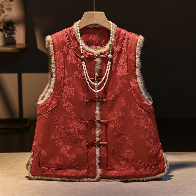 新中式改良旗袍2025秋冬拜年服红色人丝夹棉马甲复古盘扣提花外套