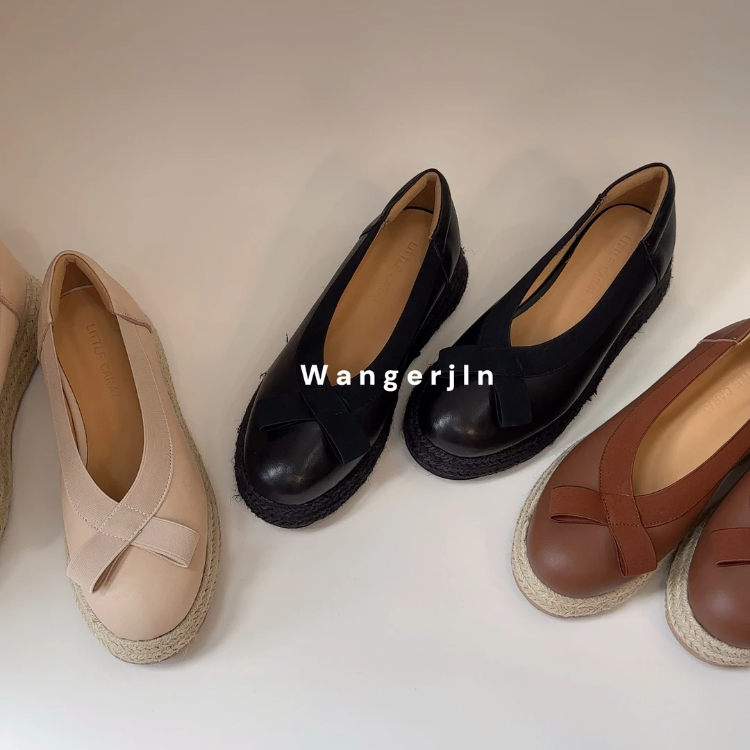 【王二今】牛皮/5CM/草编松糕厚底坡跟显瘦蝴蝶结渔夫玛丽珍单鞋女