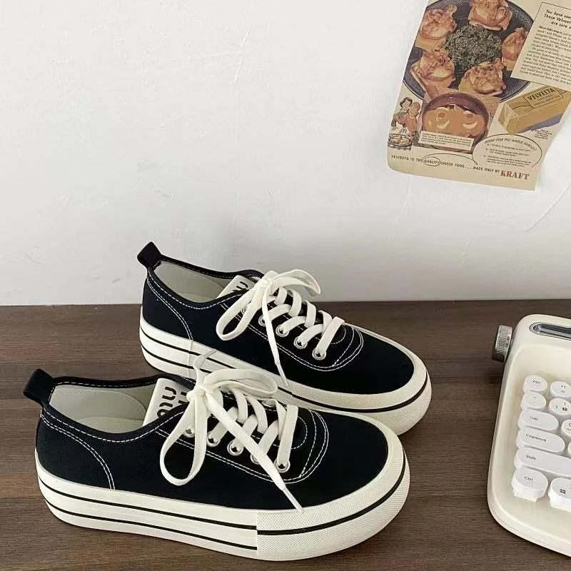 TP375 黑色休闲帆布鞋女款2025春季新款透气休闲小白鞋学生板鞋子