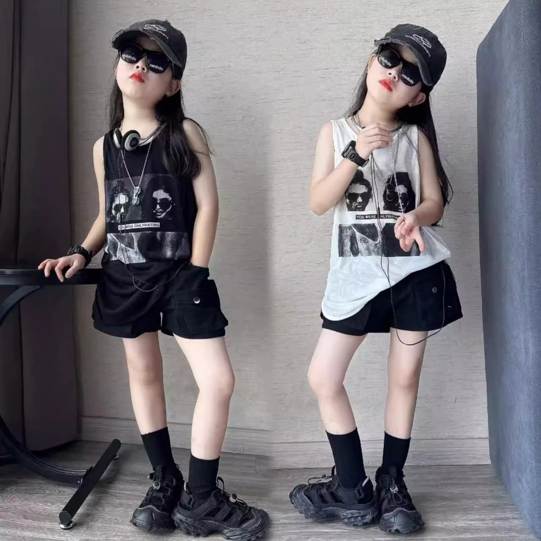 女童夏季潮酷美式中长款无袖背心百搭休闲工装短裤洋气炸街套装韩