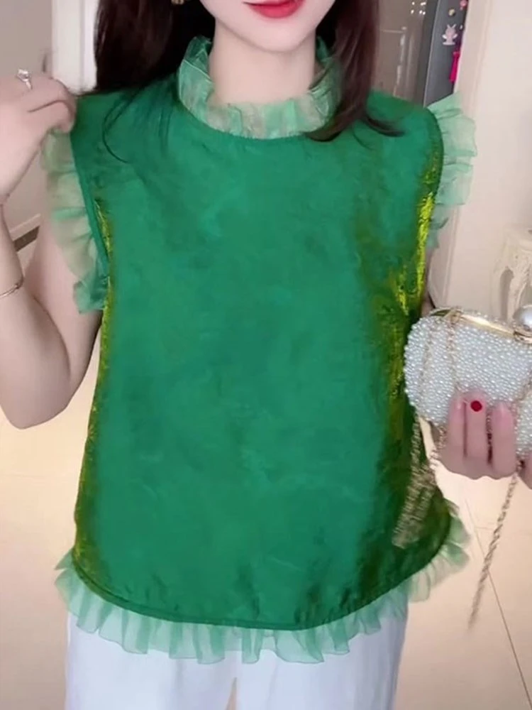 绿色木耳花边无袖背心衬衫女2025夏季新款时尚小众高级感百搭显瘦