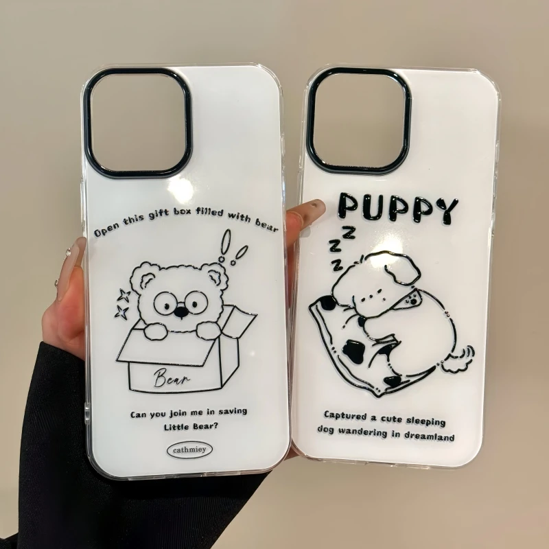 适用苹果16双层IMD手机壳小众iPhone15新款线条睡觉狗狗苹果华为p