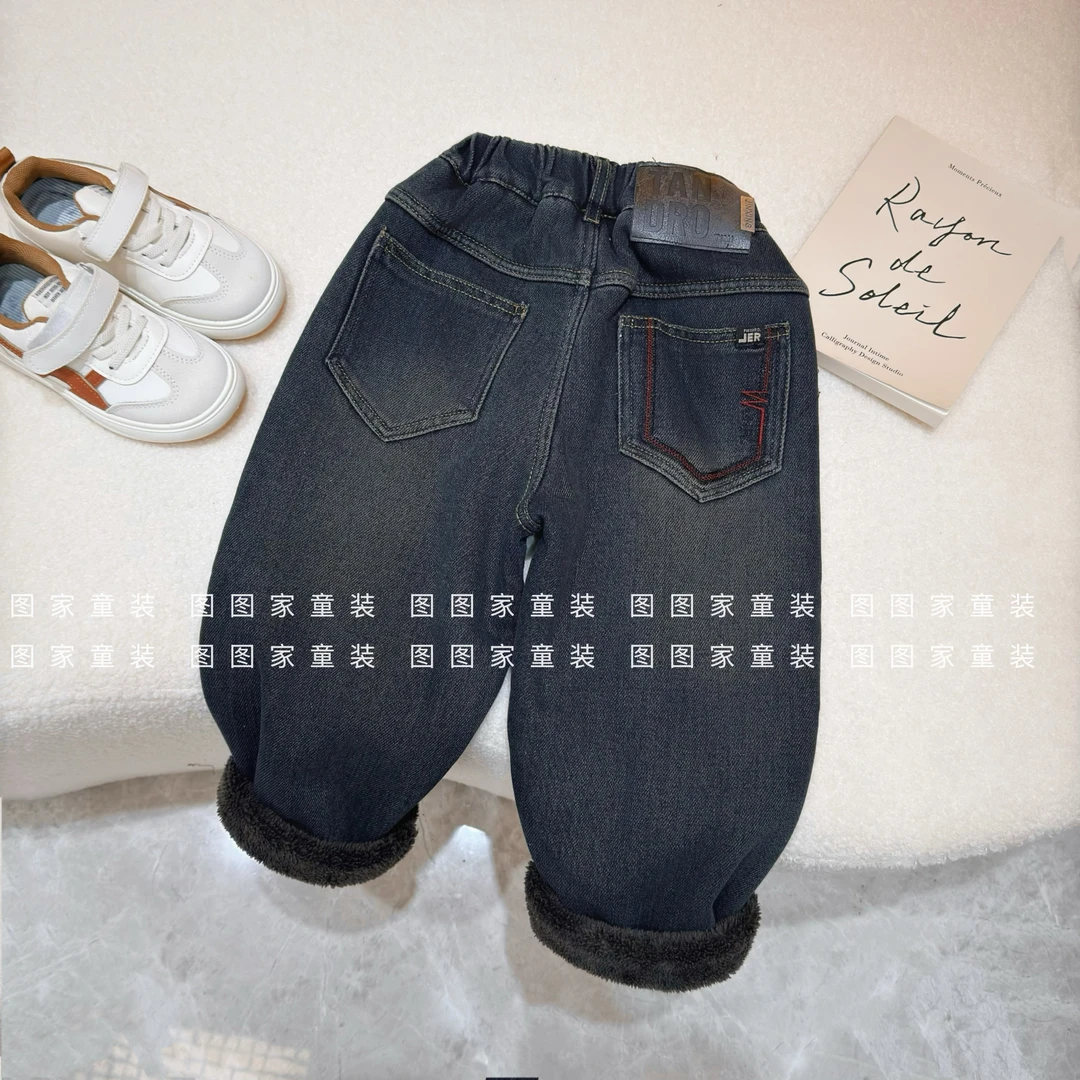 【小潮童】D921男童秋季2025新款后口袋红色绣花糕糕绒牛仔裤