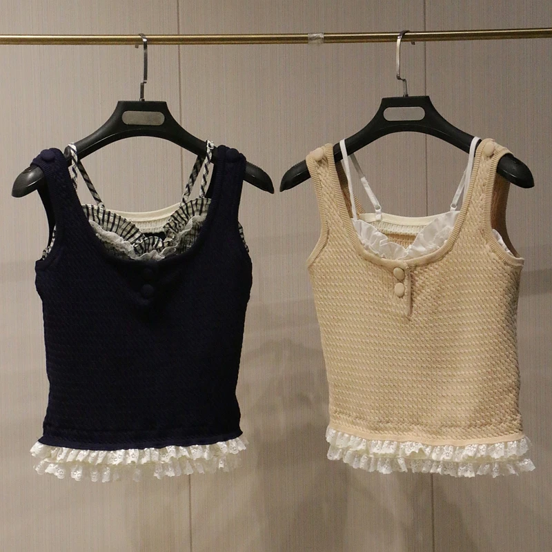 2025夏新款蕾丝边无袖背心假两件上衣方领布小麻花针织小个子上衣