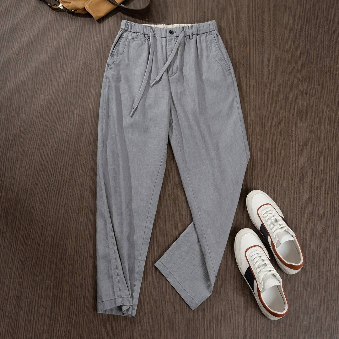 麻尚生活棉麻紧腰抽绳休闲百搭长裤男士直筒裤夏季新款宽松显瘦松