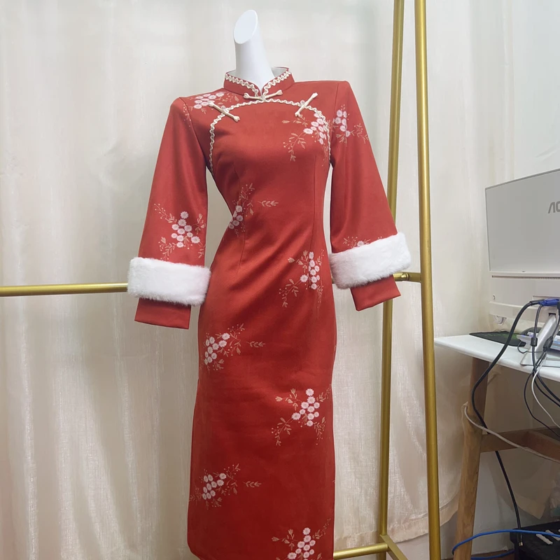 V-3293 一枝梅 冰雪绒 冬款加绒加厚年轻款改良旗袍120长款