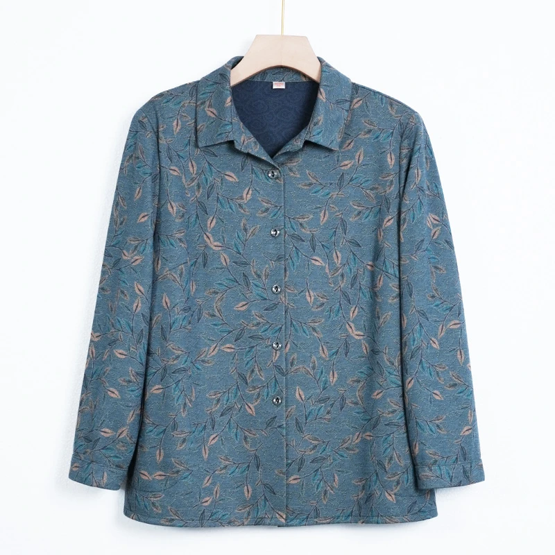中老年妈妈装奶奶装春秋夏经典舒适小方领清新复古树叶花长袖衬衫