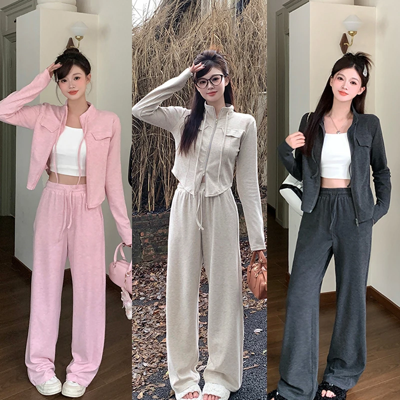 春款胖mm大码女休闲立领拉链上衣松紧糯米阔腿裤套装 20148+20199
