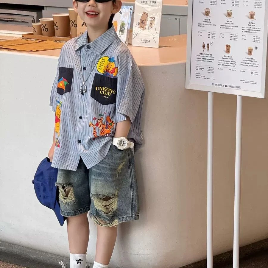 韩系夏装新2025夏季新款韩版男童百搭卡通条纹透气衬衫儿童短袖潮